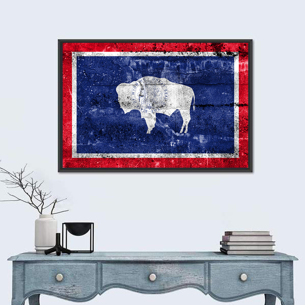 Wyoming State Flag Wall Art in a room, landscape