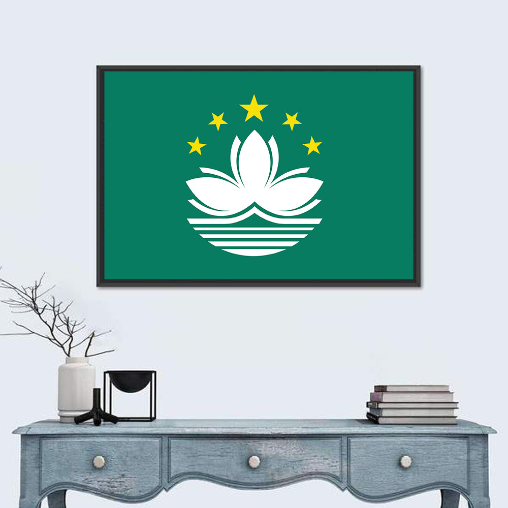 Macau Flag Emblem Wall Art in a room, landscape