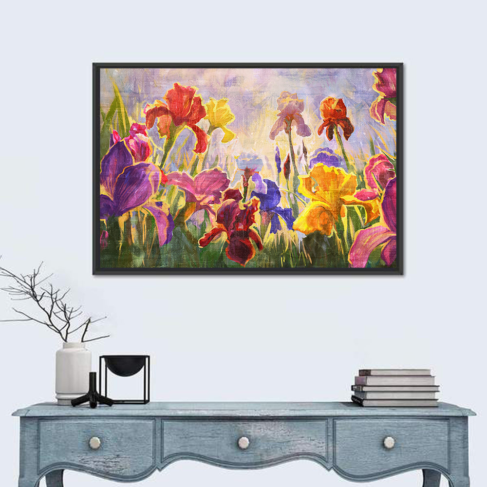Iris Garden Illustration Wall Art in a room, landscape