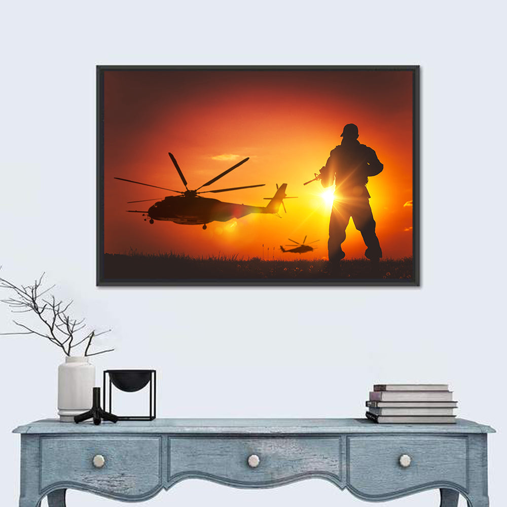 Soldier Silhouette at Sunset Wall Art in a room, landscape