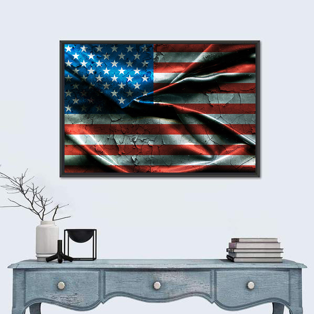 Distressed American Flag Wall Art in a room, landscape