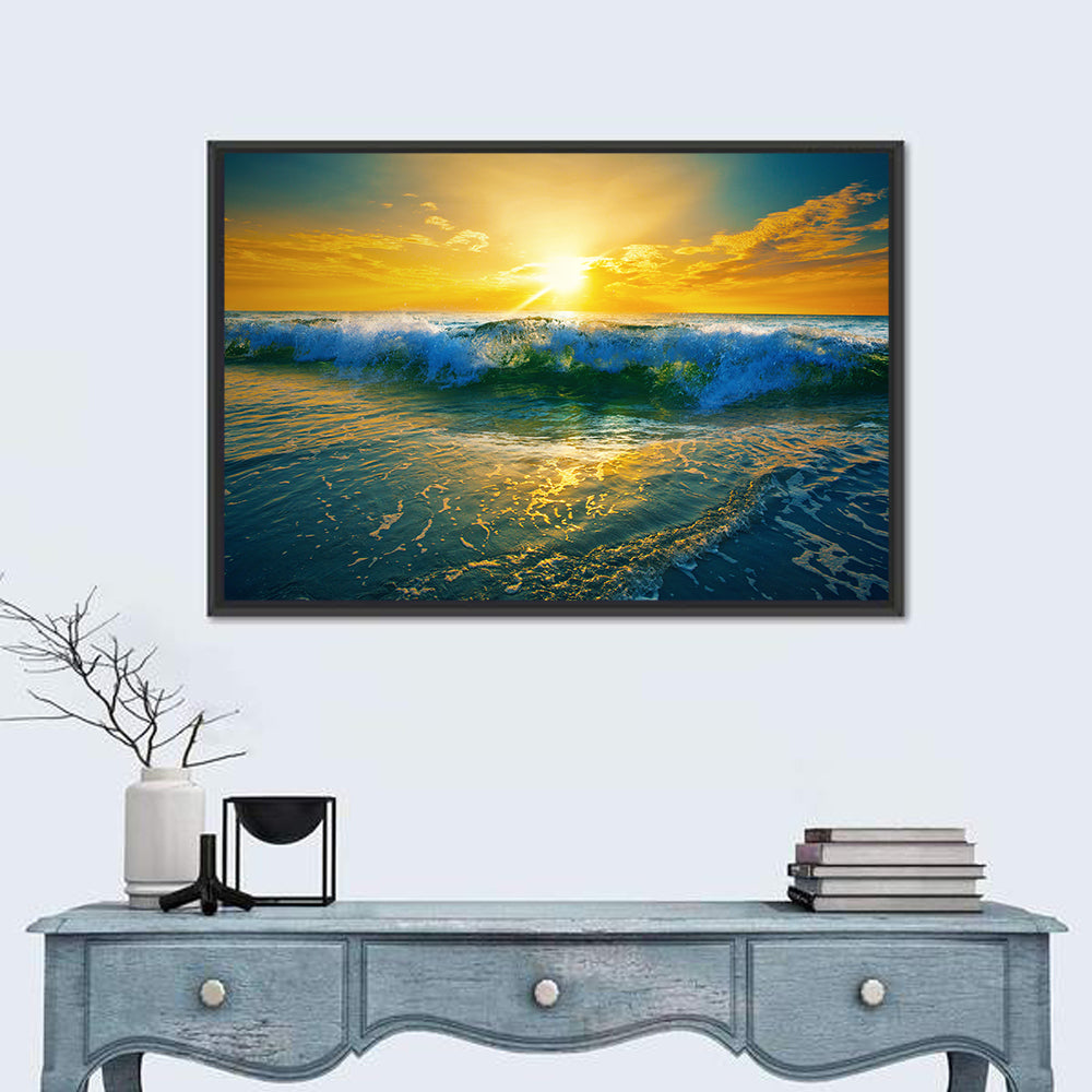 Breaking Wave at Sunrise Wall Art in a room, landscape