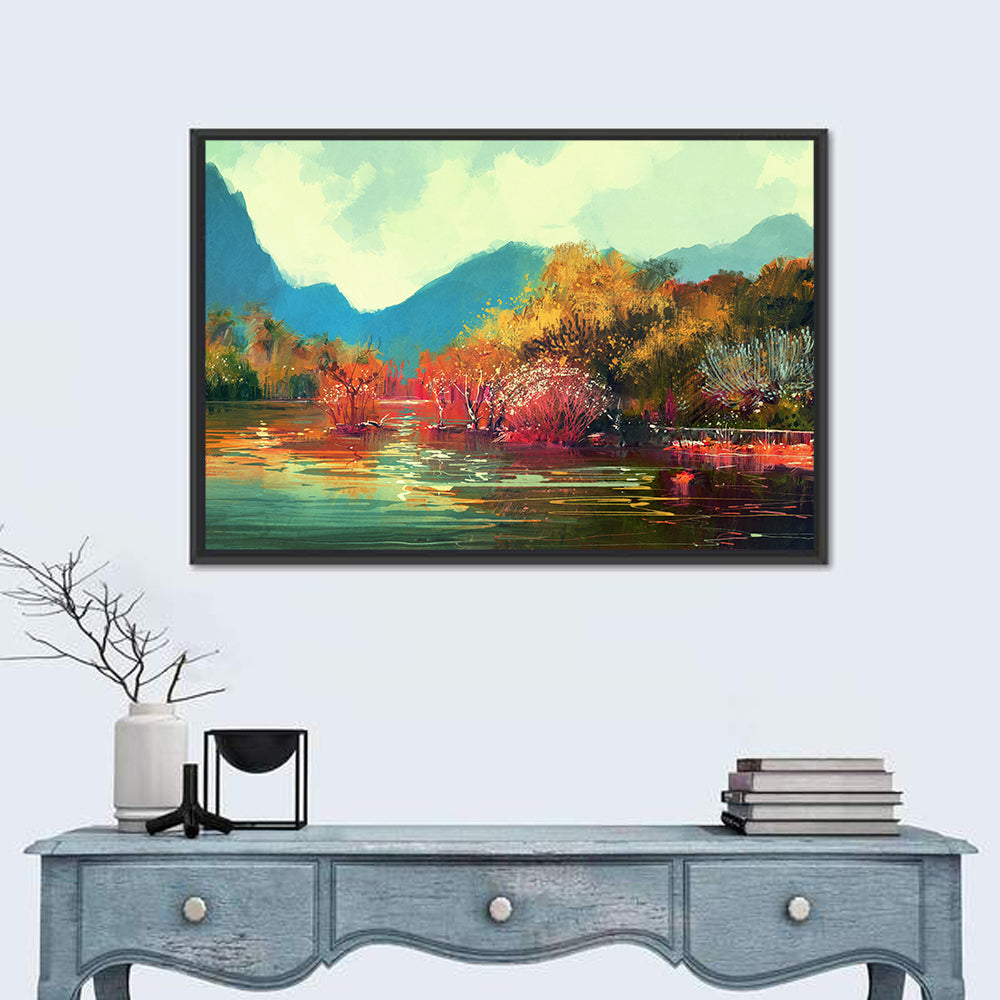 Golden Autumn Lake Reflection Wall Art in a room, landscape