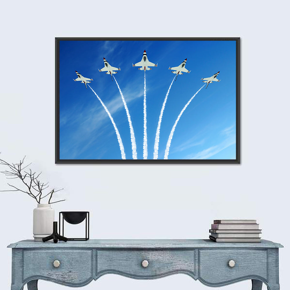 Five Fighter Jets Aerobatic Formation Wall Art in a room, landscape