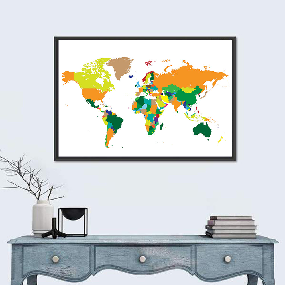 Modern Graphic World Map Wall Art in a room, landscape