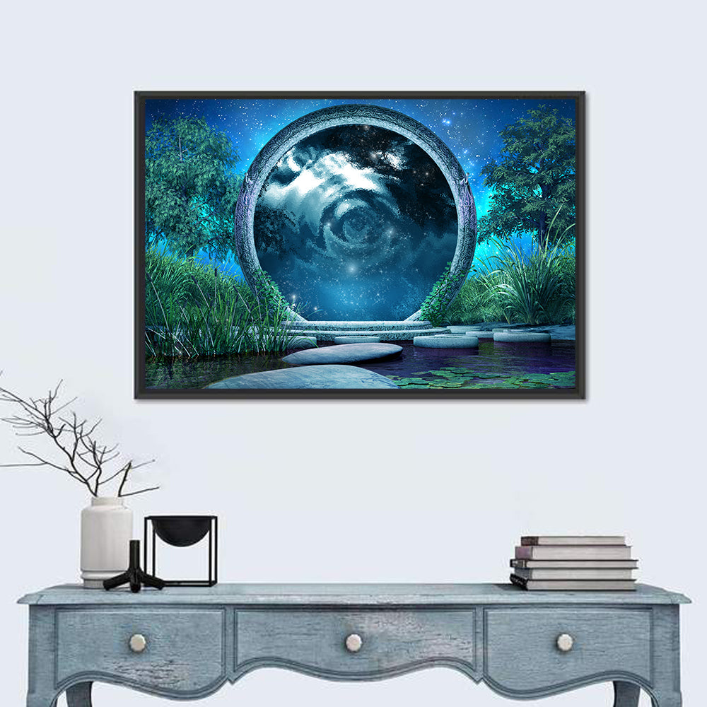Stone Portal on Moonlit Lake Wall Art in a room, landscape