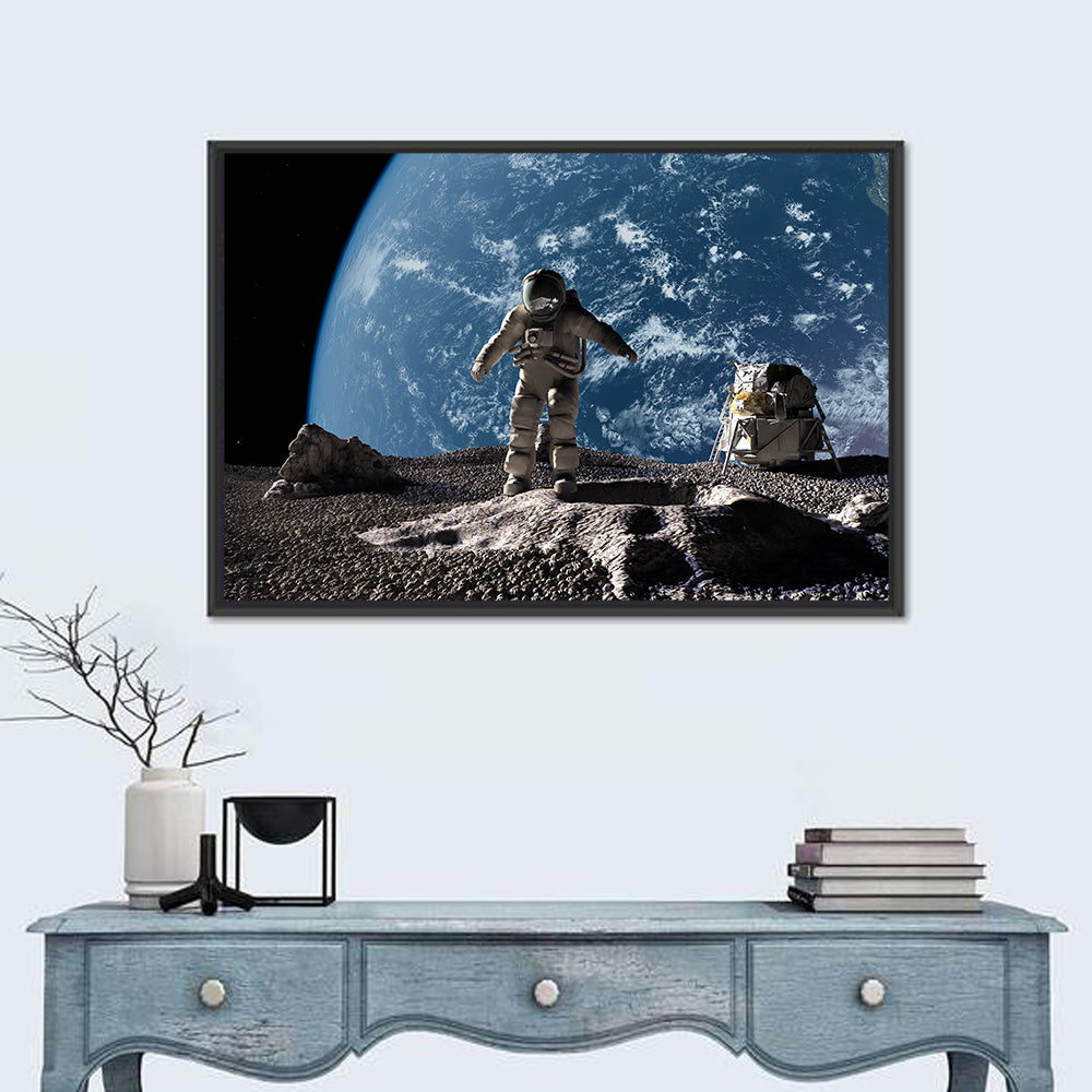 Astronaut on Cratered Planet Wall Art in a room, landscape