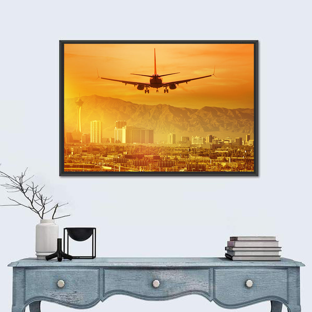 Las Vegas Sunset Plane Landing Wall Art in a room, landscape