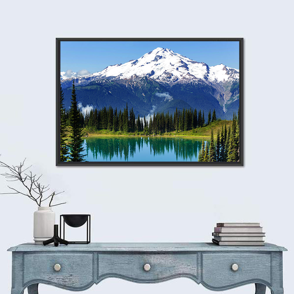 Mount Rainier Lake Reflection Wall Art in a room, landscape
