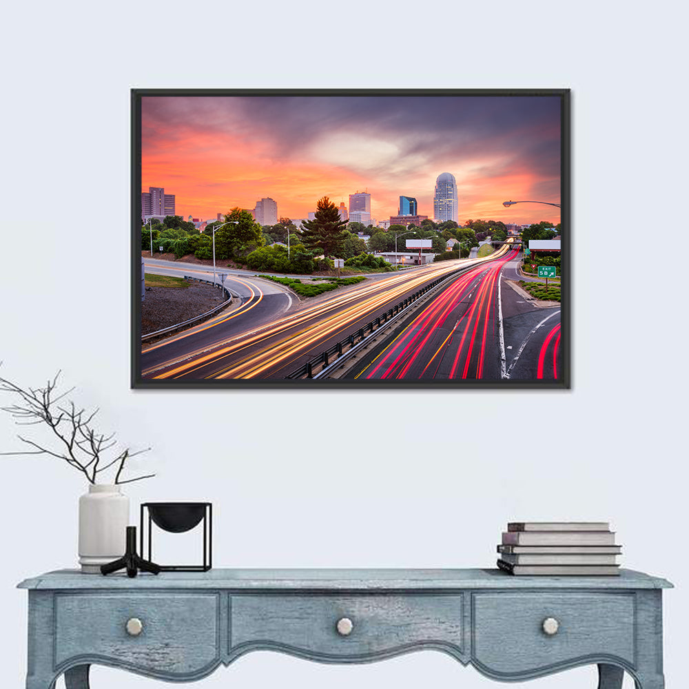 Winston-salem Dusk Skyline with Light Trails Wall Art in a room, landscape