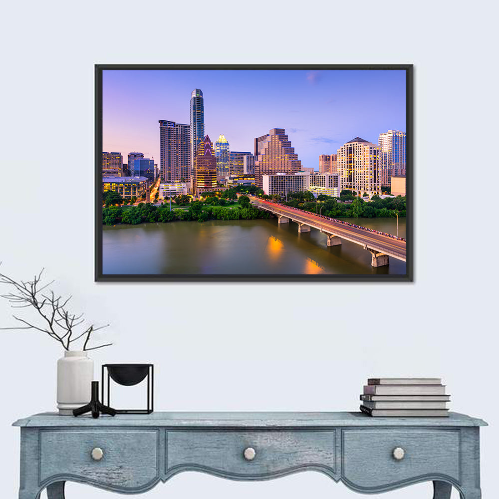 Austin Skyline Over Lady Bird Lake Wall Art in a room, landscape