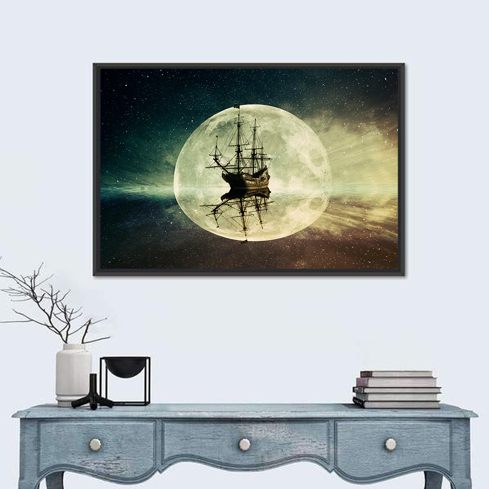 Moonlit Floating Ship Wall Art in a room, landscape