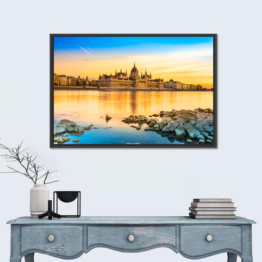Budapest Parliament at Golden Hour Wall Art in a room, landscape