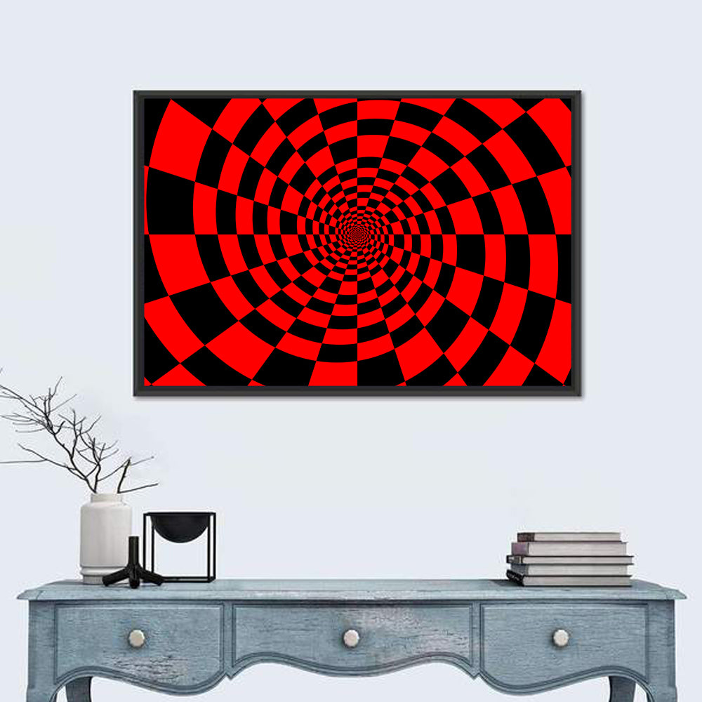 Red and Black Spiral Checkerboard Wall Art