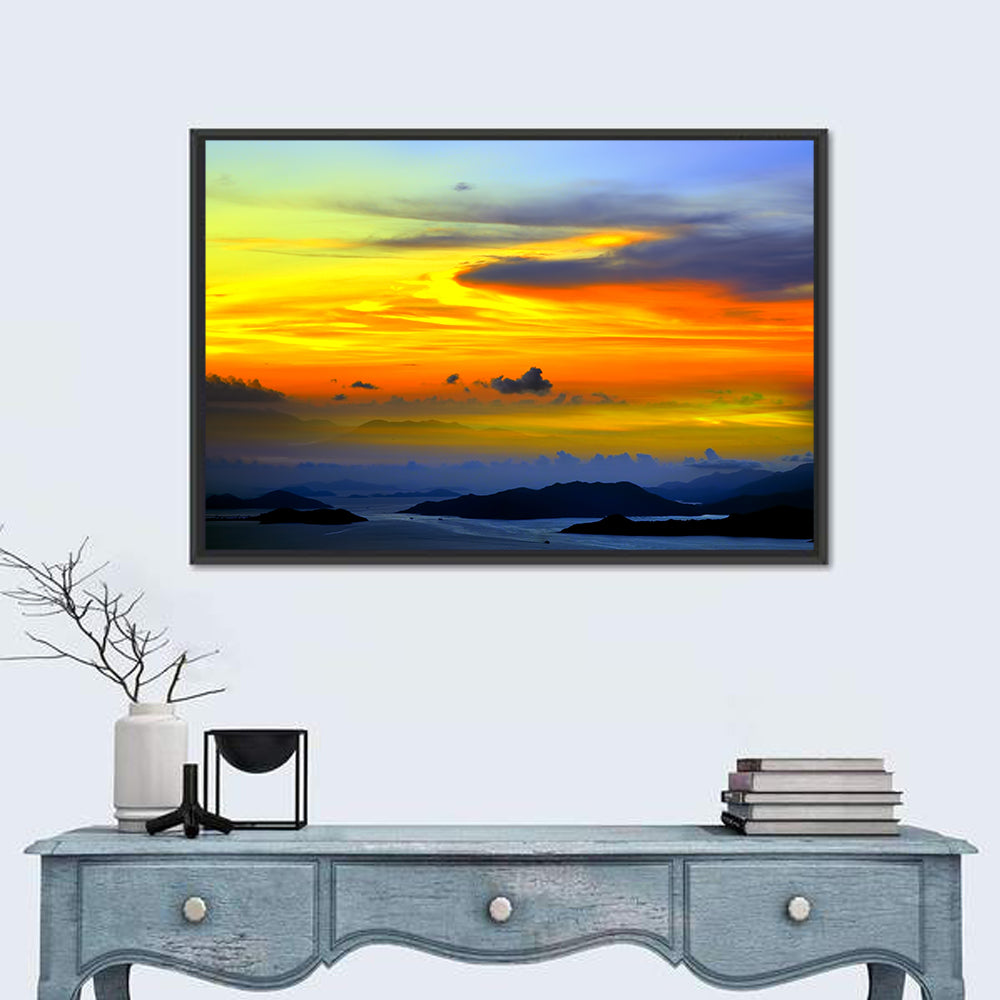 Tranquil Ocean Sunset Wall Art in a room, landscape