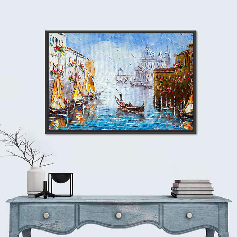 Venetian Canal Watercolor Wall Art in a room, landscape