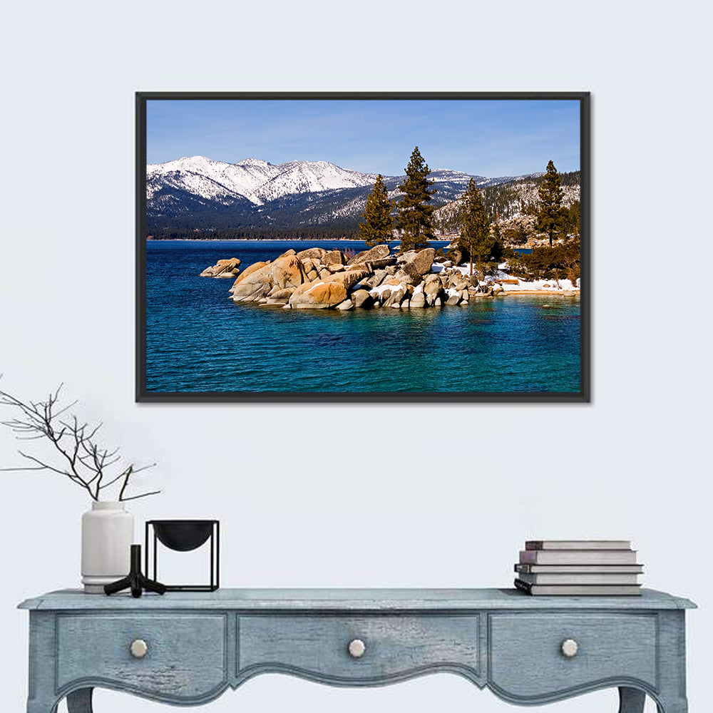 Lake Tahoe Winter Shoreline Wall Art in a room, landscape
