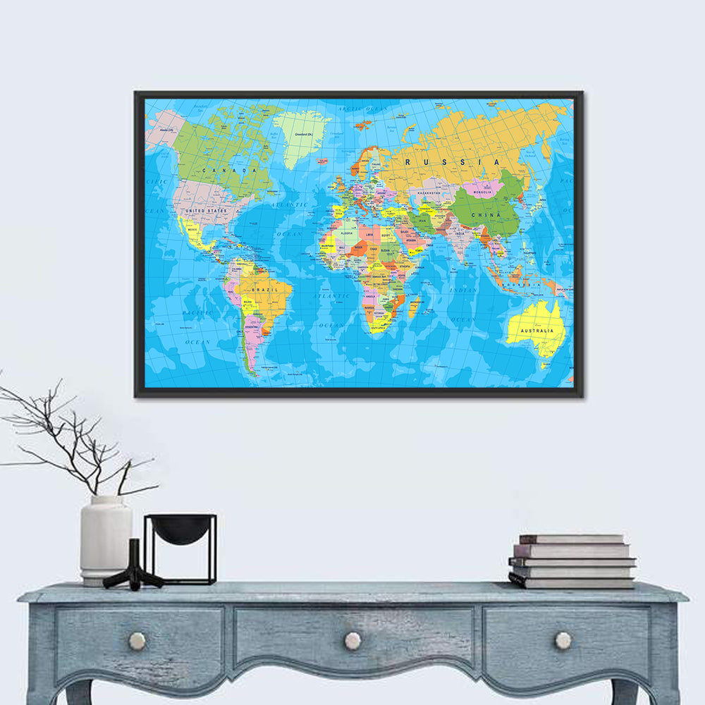 Colorful Mercator World Map Wall Art in a room, landscape
