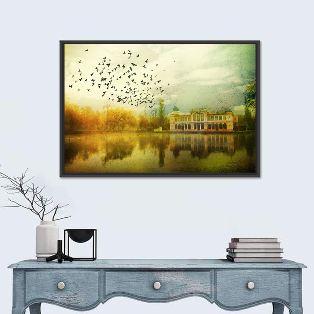 Old Mansion with Flock of Birds Wall Art in a room, landscape