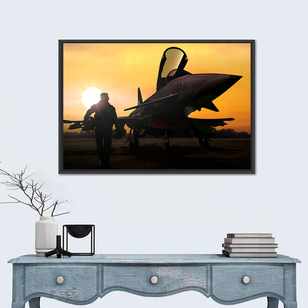 Pilot and Fighter Jet at Sunset Wall Art in a room, landscape