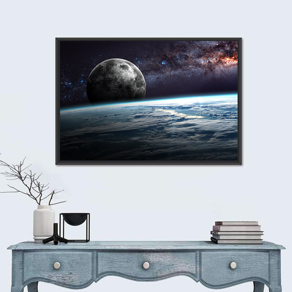 Rising Moon Above Earth Horizon Wall Art in a room, landscape