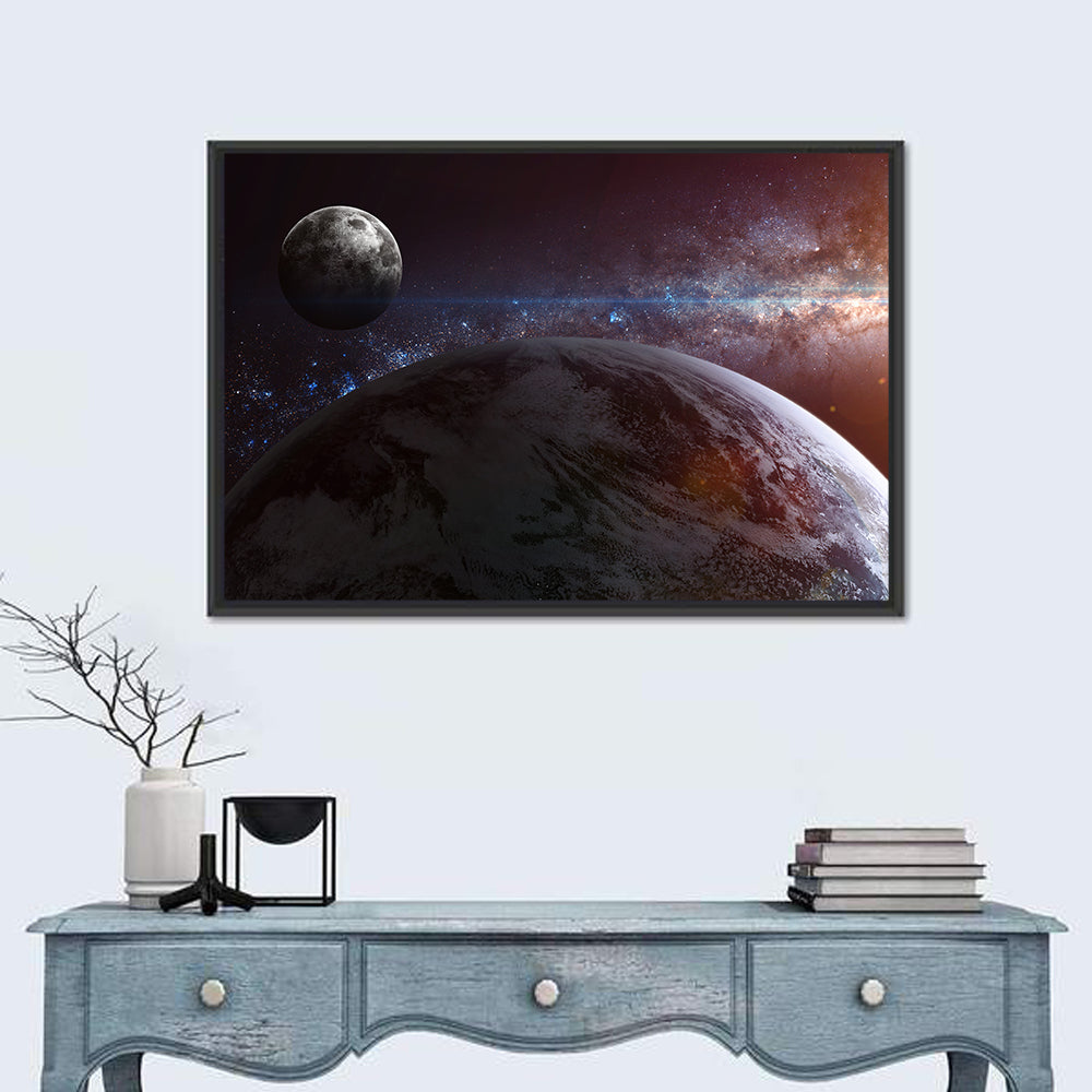 Earth and Moon Over Nebula Wall Art