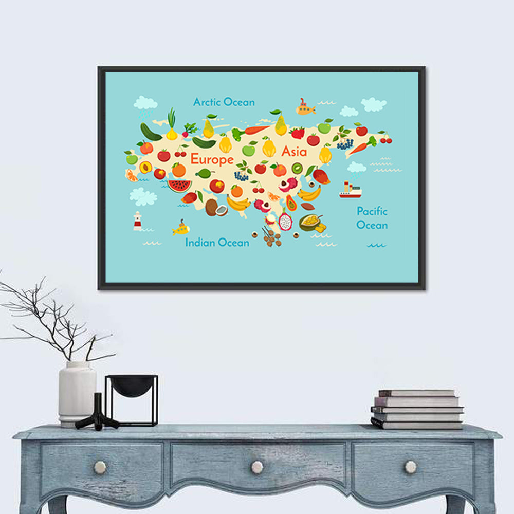 Illustrated Fruit World Map Wall Art in a room, landscape