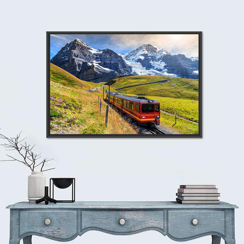 Grindelwald Red Mountain Train Wall Art in a room, landscape
