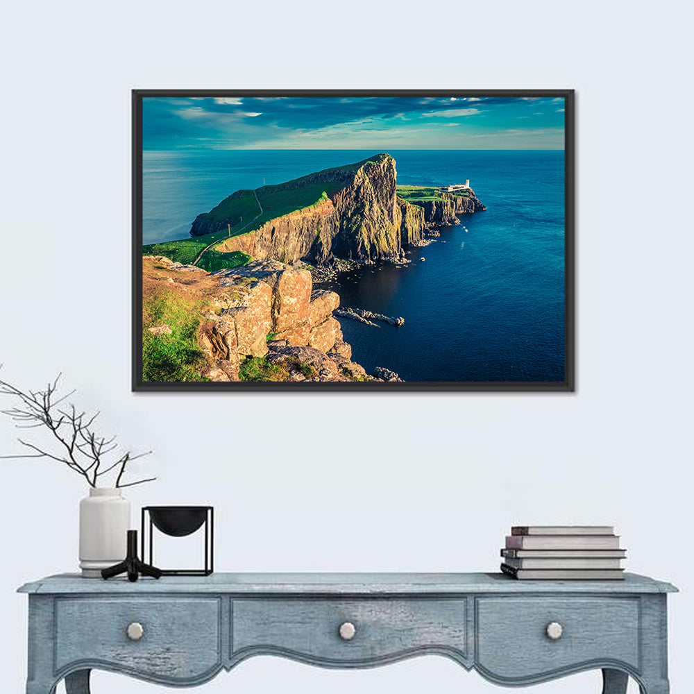 Neist Point Lighthouse Sunset Wall Art in a room, landscape