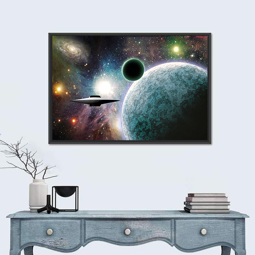 Saucer Near Cratered Planet Wall Art