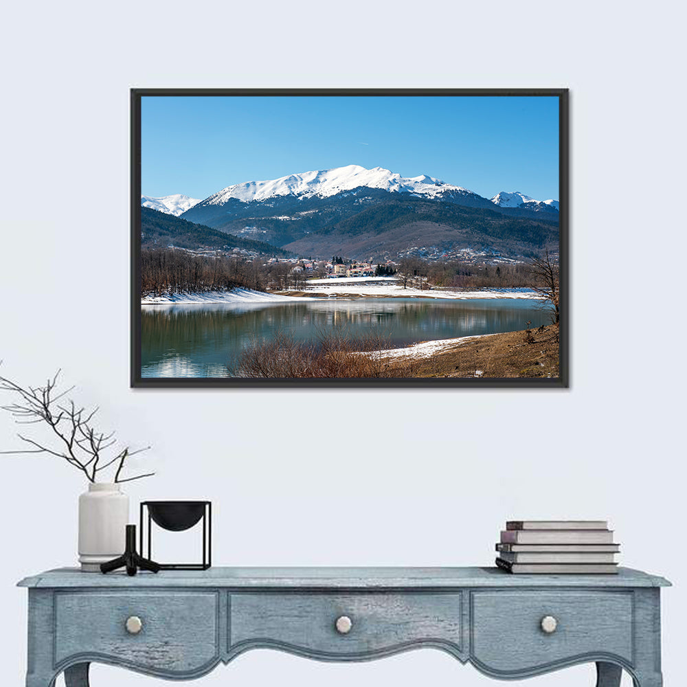 Lake Plastira Winter Landscape Wall Art in a room, landscape