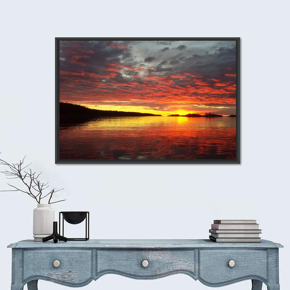 Lake Athabasca Sunset Reflection Wall Art in a room, landscape