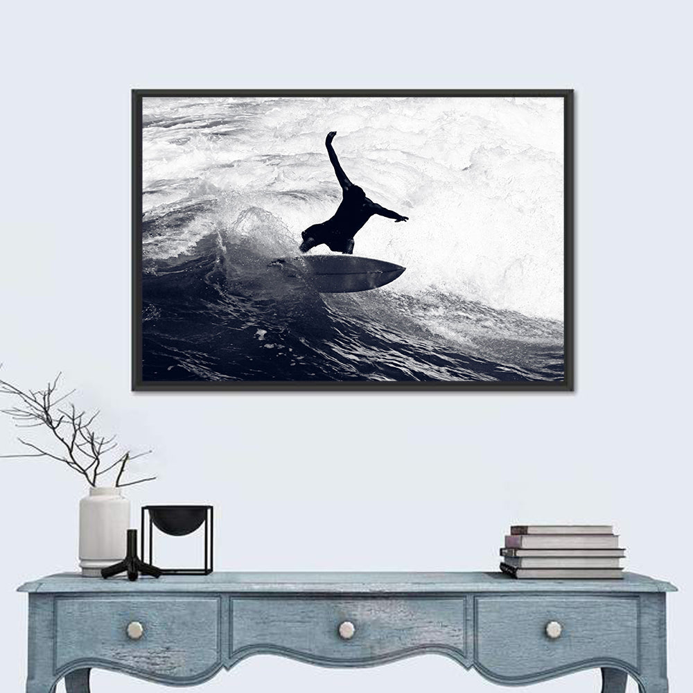 Dog Surfer Riding Waves Wall Art in a room, landscape