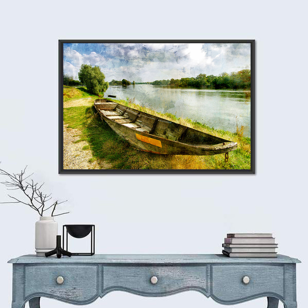 Weathered Wooden Boat on Riverbank Wall Art in a room, landscape