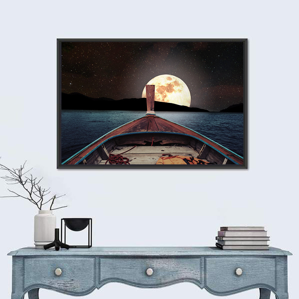 Longtail Boat Under Full Moon Wall Art in a room, landscape