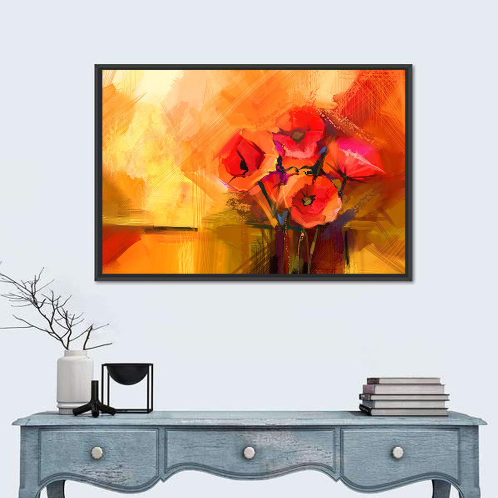 Impasto Red Poppy Bouquet Wall Art in a room, landscape