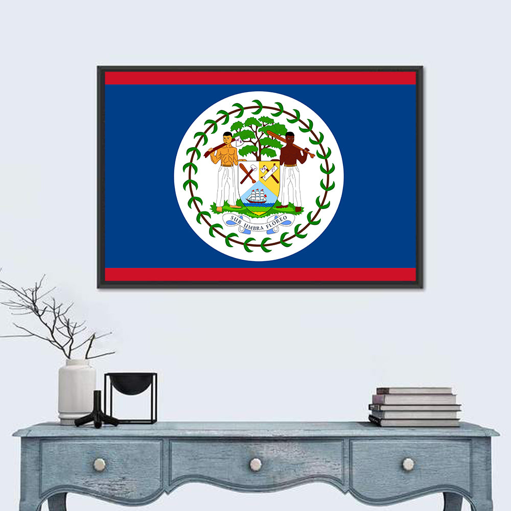 Belize National Flag Emblem Wall Art in a room, landscape