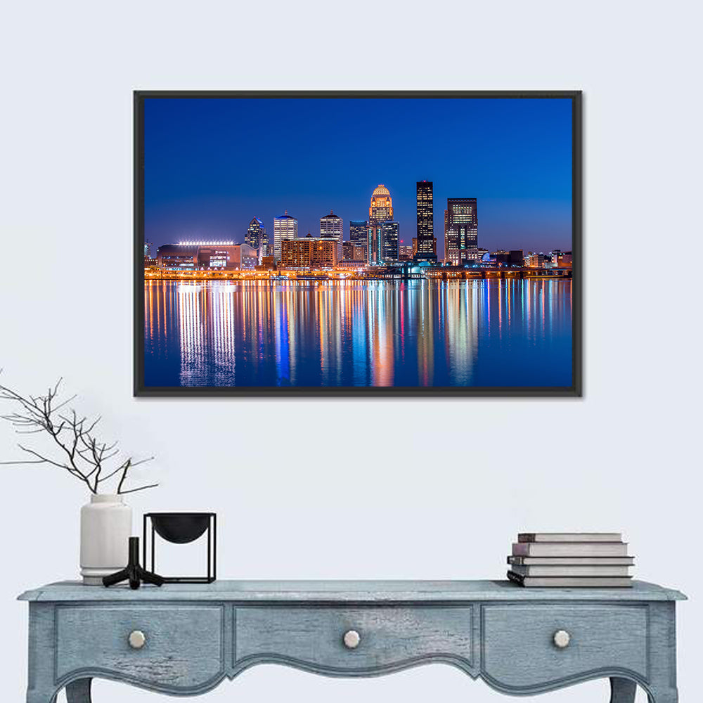 Downtown Louisville Skyline at Night Wall Art in a room, landscape