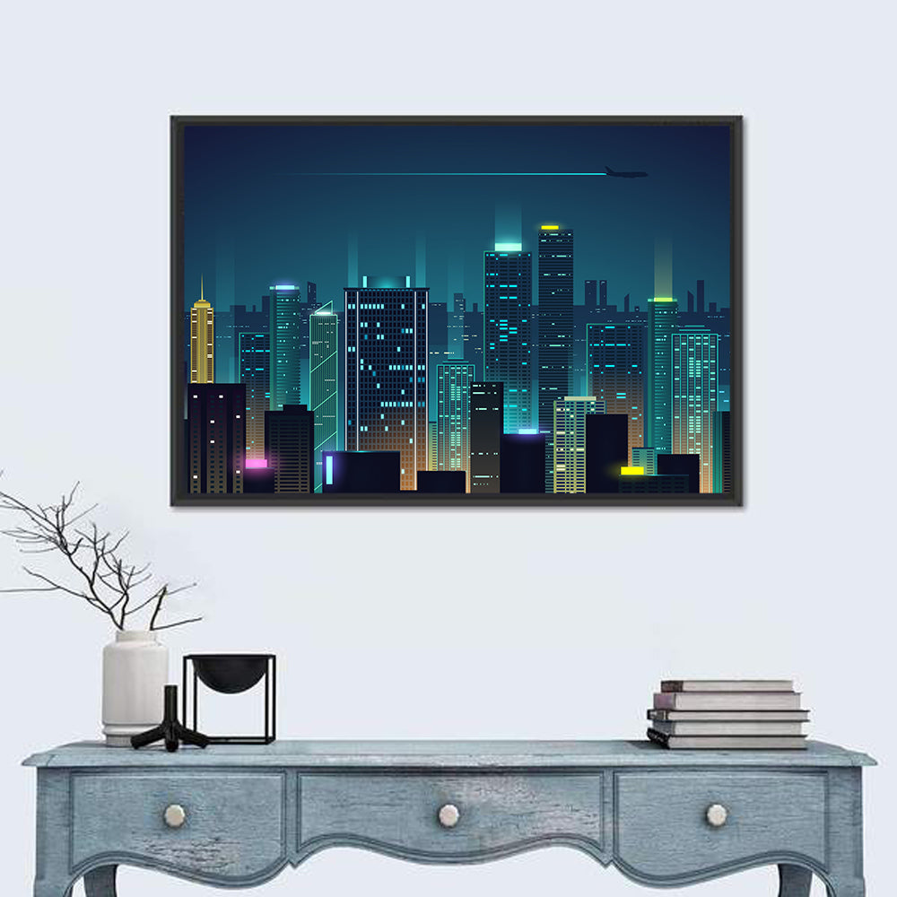 Abstract Night City Skyline Wall Art in a room, landscape