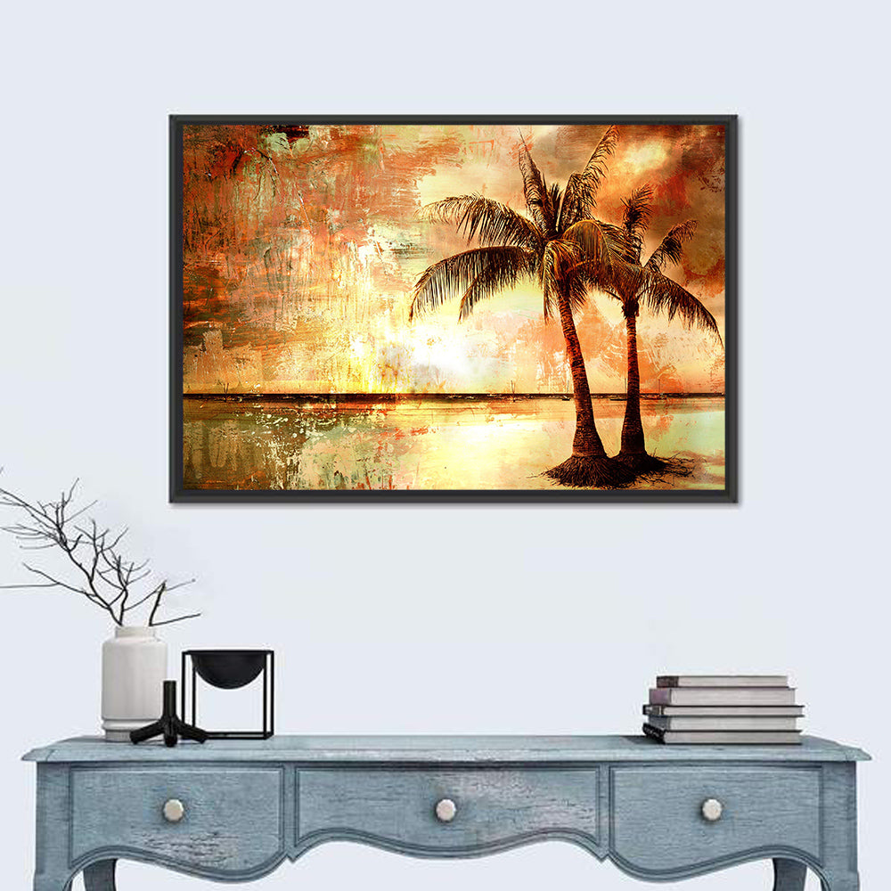Tropical Beach Sunset Wall Art in a room, landscape