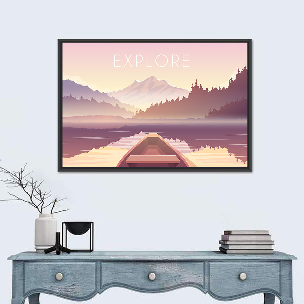 Explore Mountain Lake Sailing Illustration Wall Art in a room, landscape