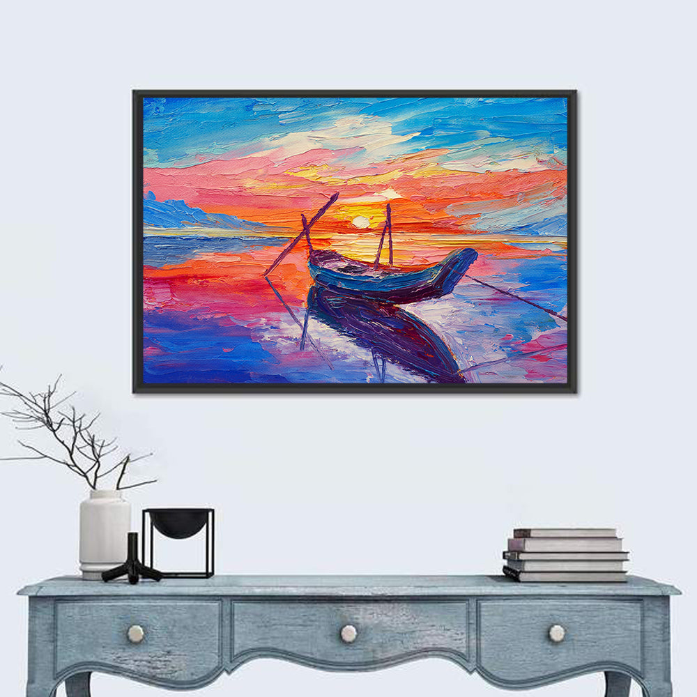 Fishing Boats at Sunset Wall Art in a room, landscape