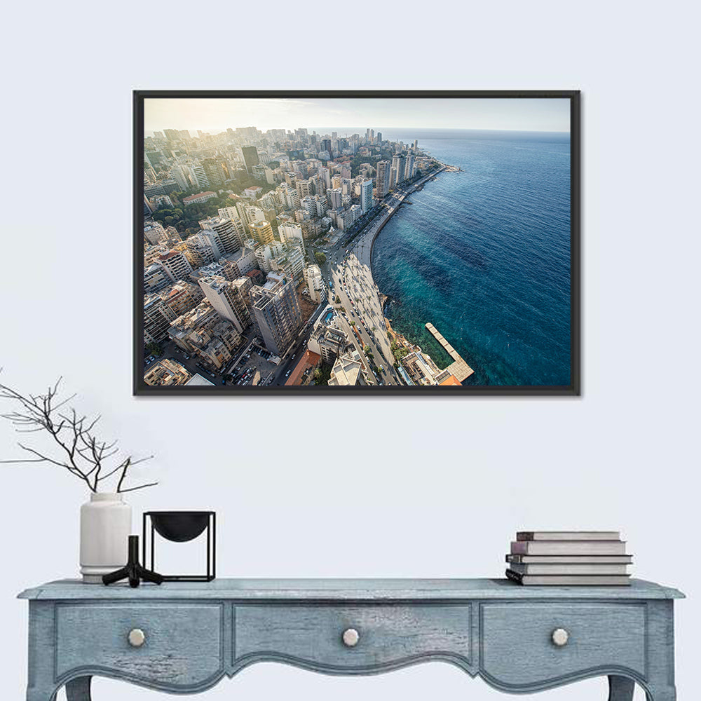 Beirut Corniche Aerial View Wall Art in a room, landscape