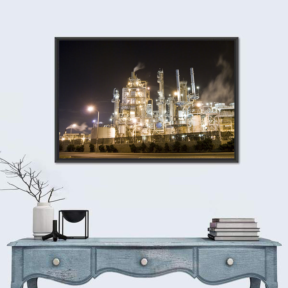 Industrial Refinery Nightscape Wall Art in a room, landscape