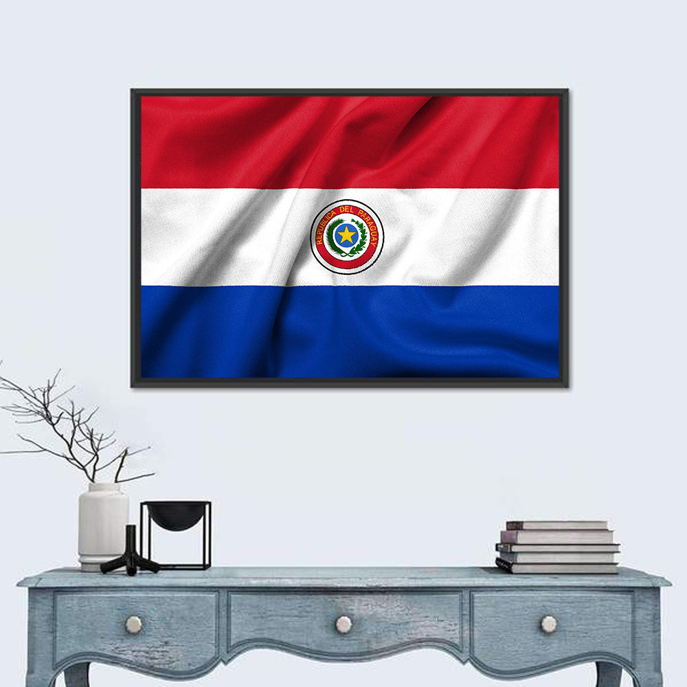 Paraguay Flag with Emblem Wall Art in a room, landscape