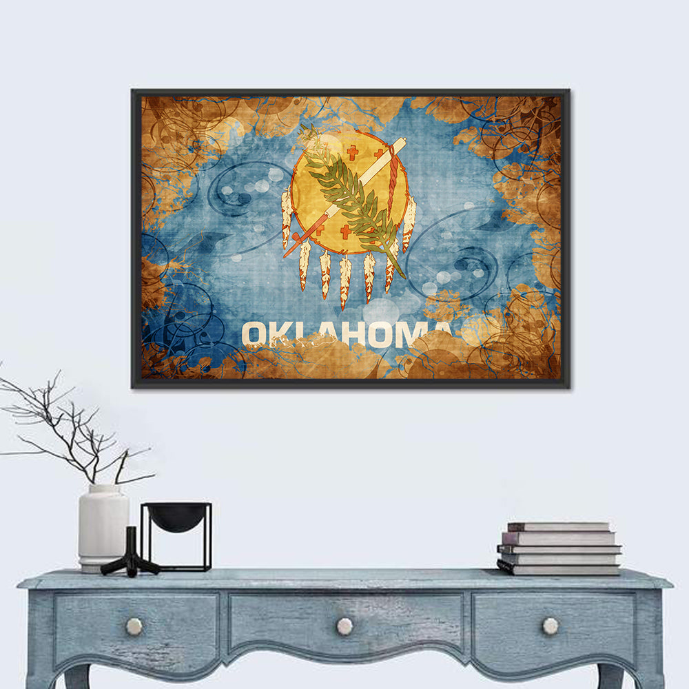 Vintage Oklahoma Flag Wall Art in a room, landscape