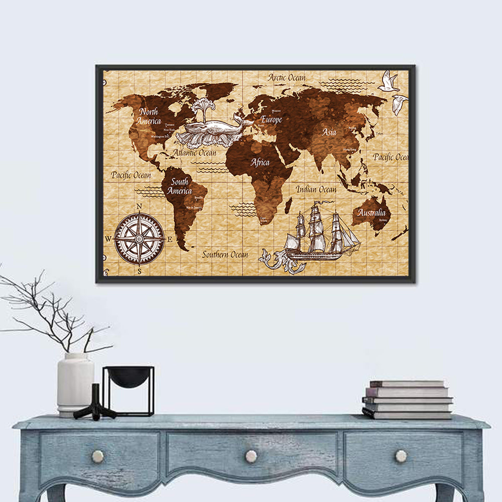 Vintage Nautical World Map Wall Art in a room, landscape