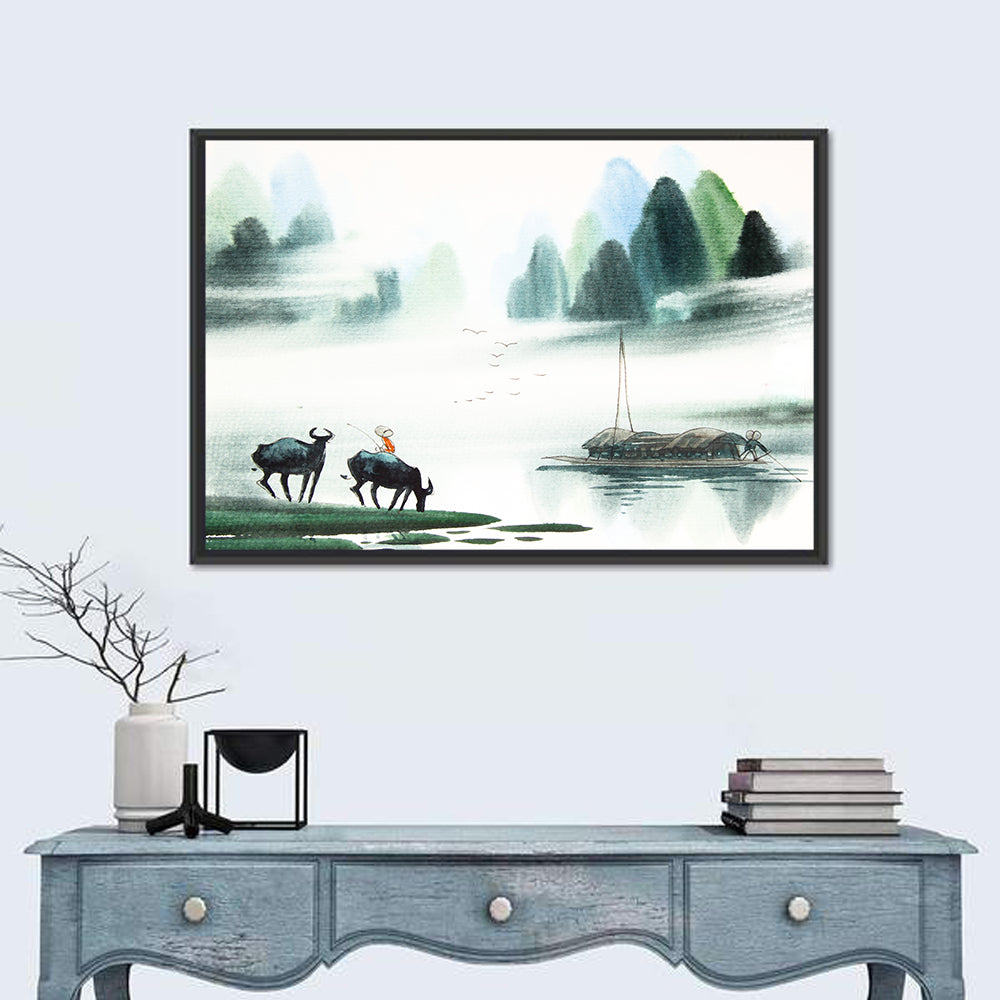 Water Buffalo in Misty Watercolor Wall Art in a room, landscape