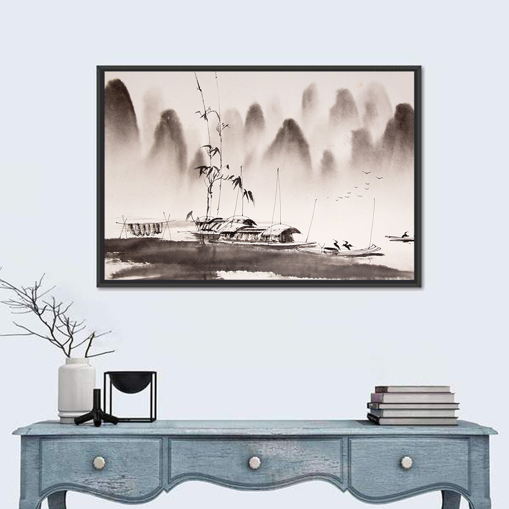 Misty Ink Wash Fishing Boats Wall Art
