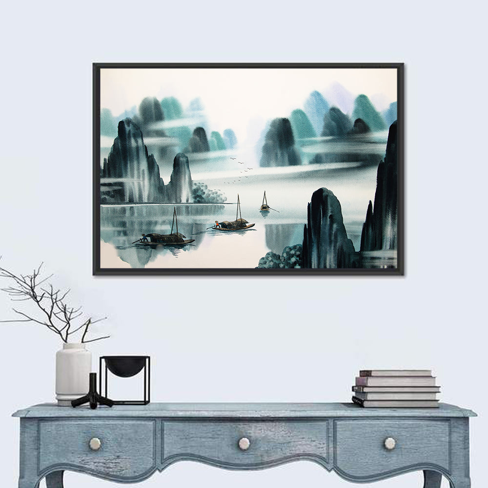 Misty Mountain Lake with Boats Wall Art